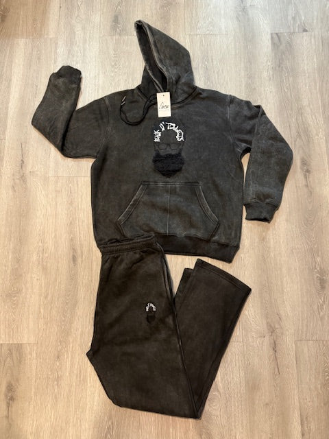 Bearded Guy Logo Sweatsuit/Wide-leg Pants (Sun Washed Black)